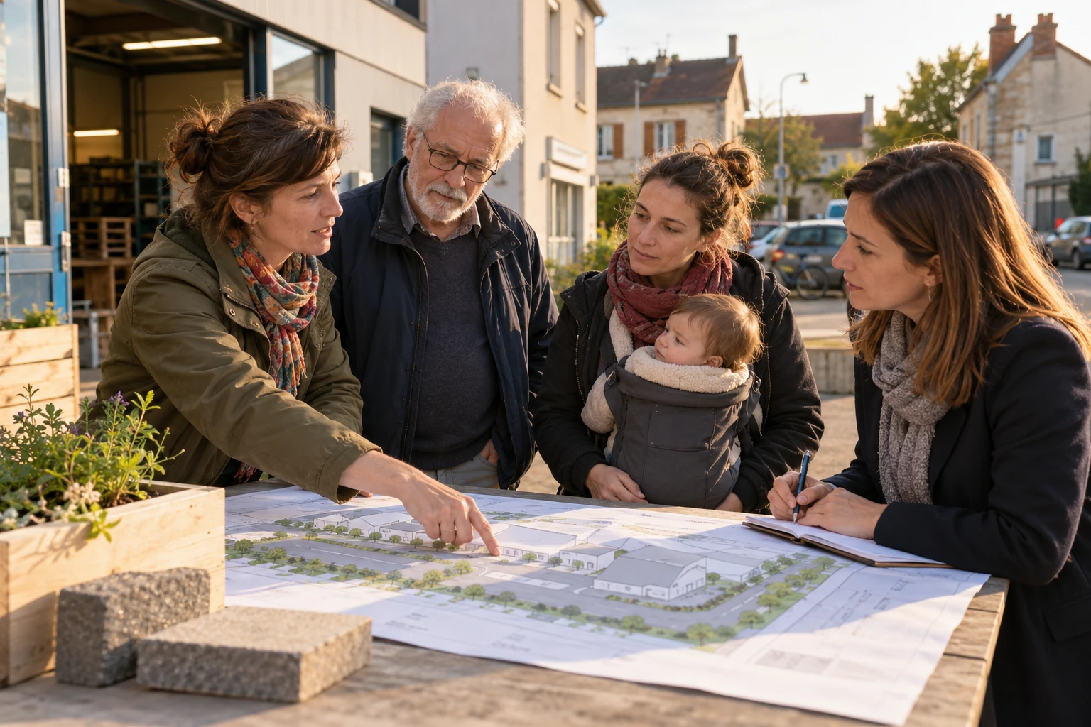 Mise en situation : des riverains et une représentante d’entreprise discutent d’un plan et des usages du quartier.