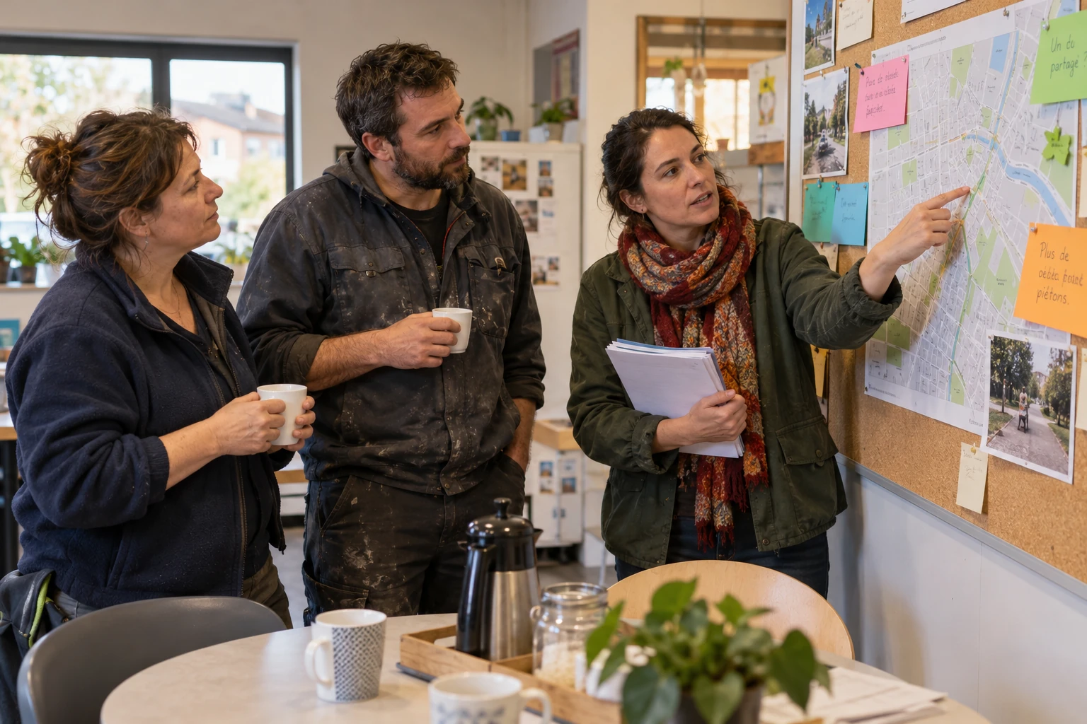 Mise en situation : des salariés découvrent une consultation communale autour d’une carte dans leur salle de pause.