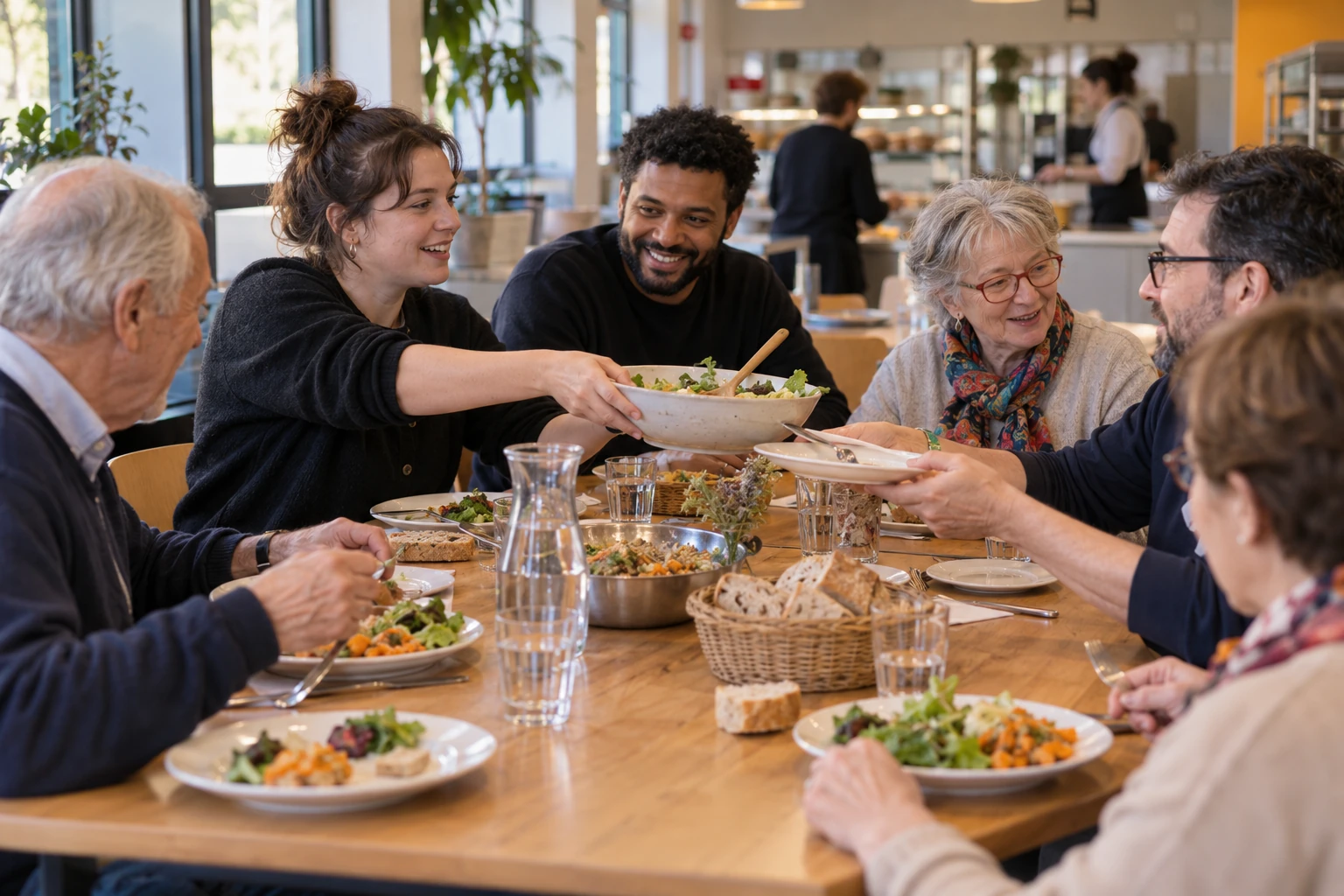 Mise en situation : des salariés et des habitants de plusieurs générations partagent un repas dans une cafétéria.