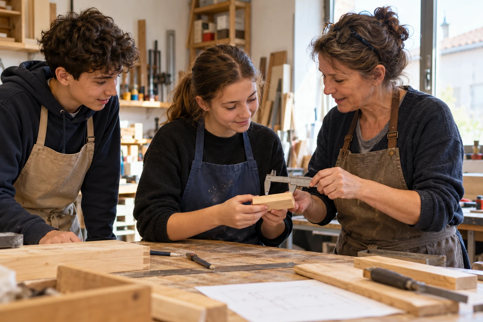 Mise en situation : une professionnelle accompagne deux jeunes en stage de découverte dans un atelier.