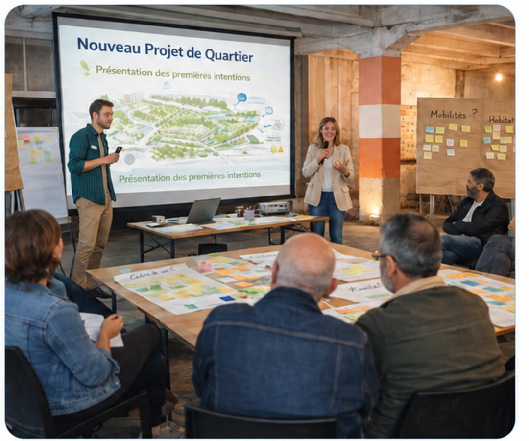Des participants travaillent autour de plans et de notes pendant un atelier.