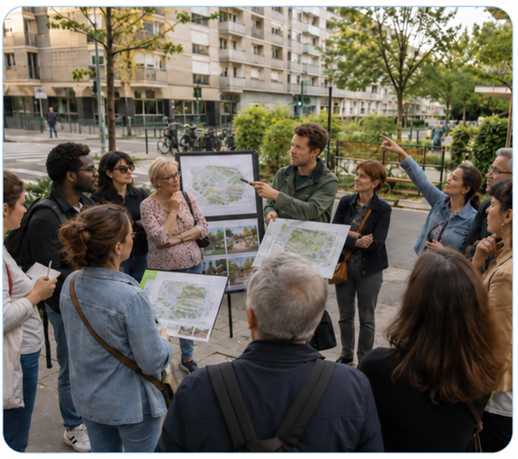 Un groupe découvre un quartier et échange autour de plans.