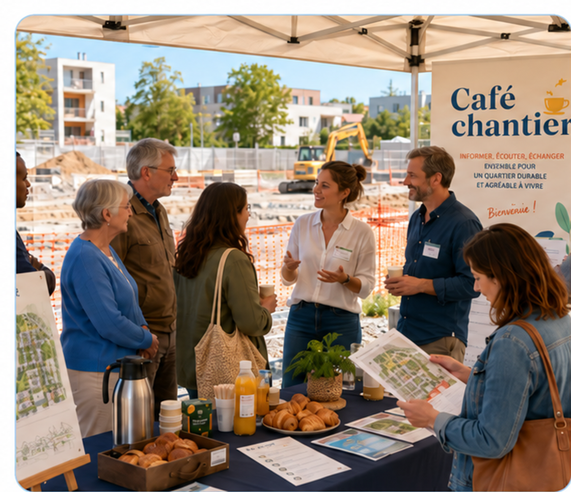 Des riverains et l’équipe du projet échangent autour d’un café près du chantier.