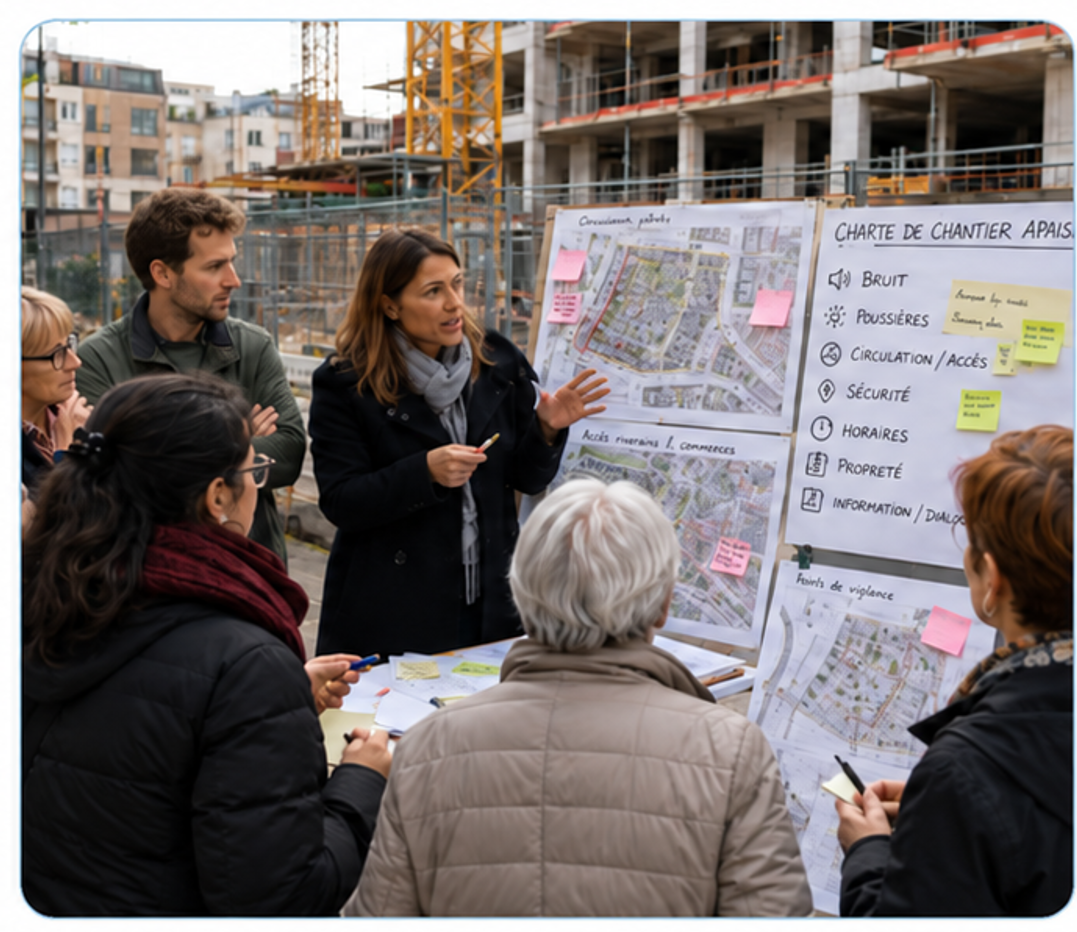 Des riverains discutent des engagements d’une charte de chantier autour de panneaux.