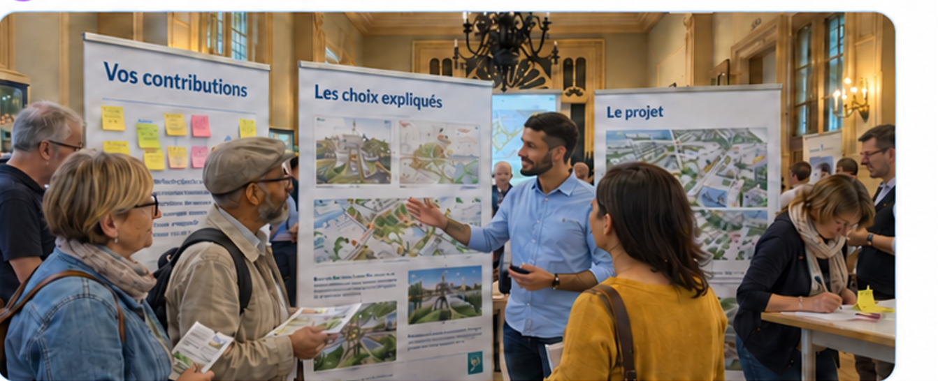 Des visiteurs échangent devant des panneaux présentant le projet et les contributions.