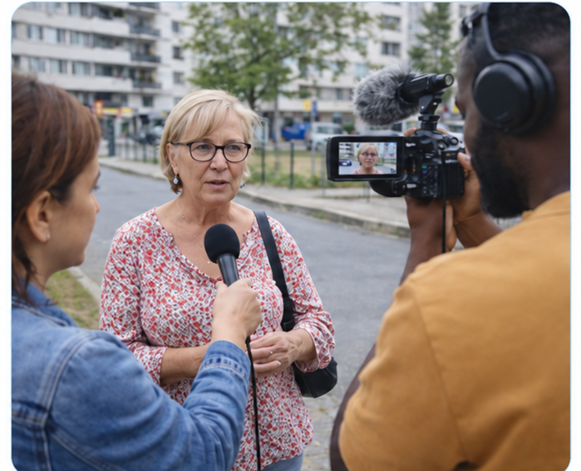 Une passante répond à des questions au micro dans l’espace public.