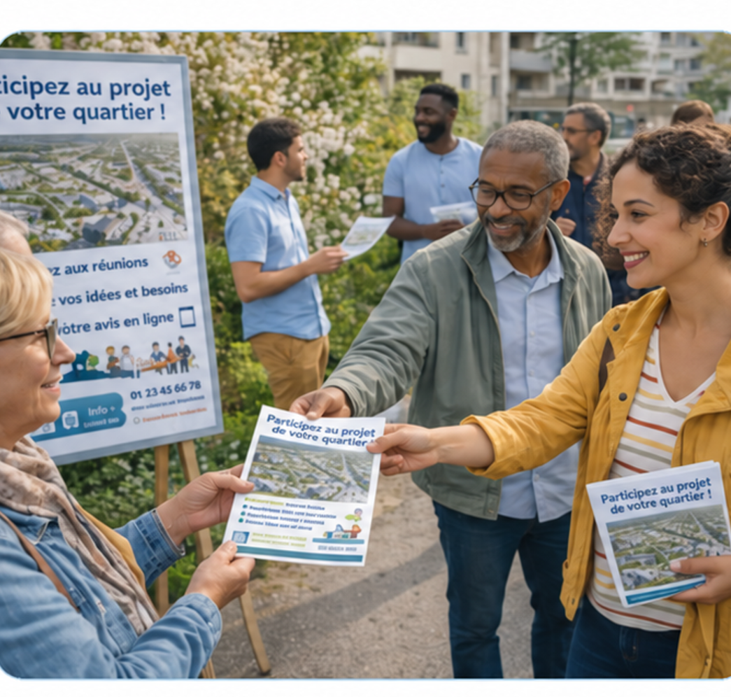 Des personnes présentent la démarche et distribuent des supports dans le quartier.