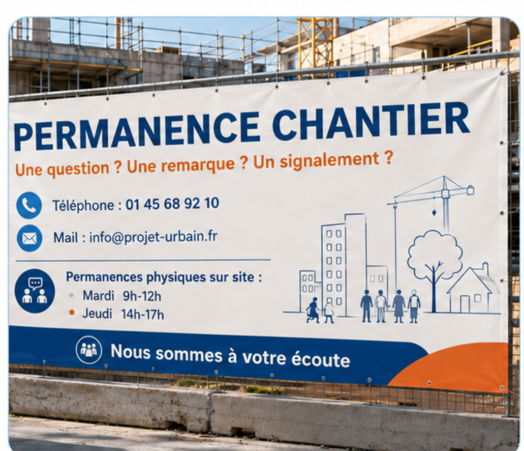 Un panneau de mise en situation présente les modalités d’une permanence de chantier.