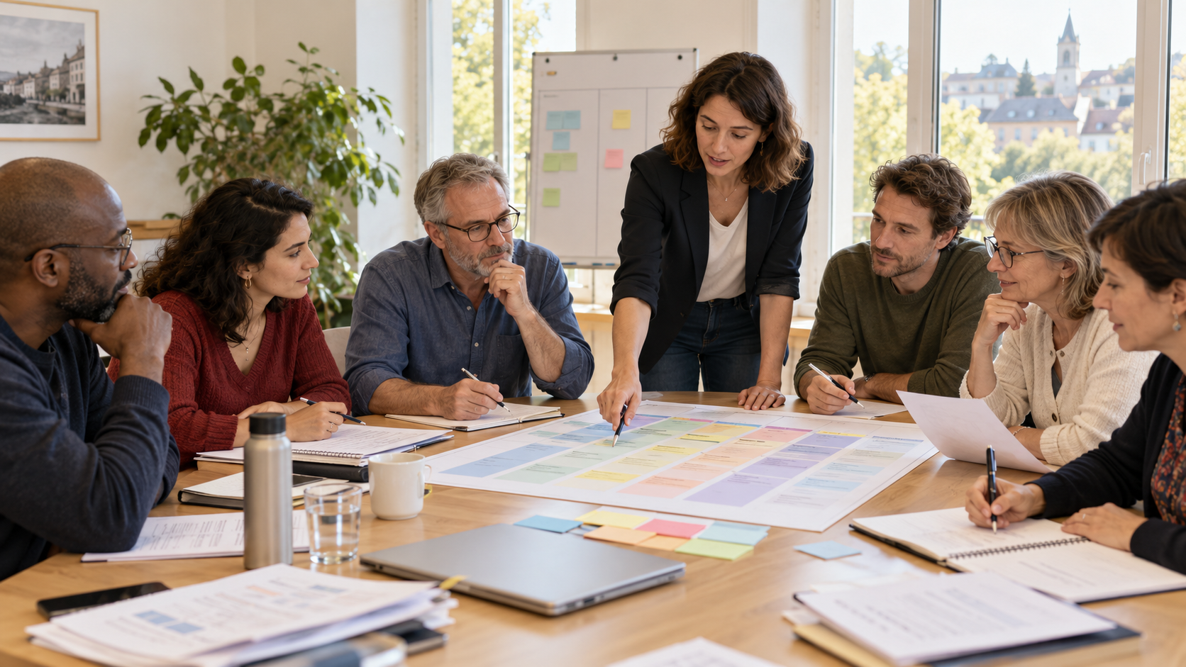 Illustration : une animatrice aide un groupe à définir ses priorités autour d’une feuille de route citoyenne.